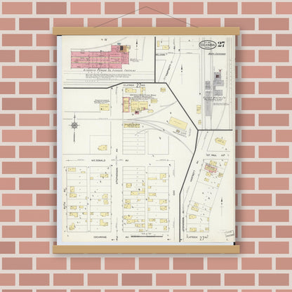 Old map wall art mockup — magnetic wood frame on brick wall — Sanborn Fire Insurance Map from Escanaba, Delta County, Michigan (1913), Sheet #0027