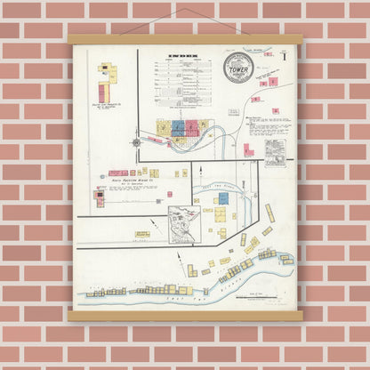 Old map wall art mockup — magnetic wood frame on brick wall — Sanborn Fire Insurance Map from Tower, Saint Louis County, Minnesota (1921) - Complete Map Set