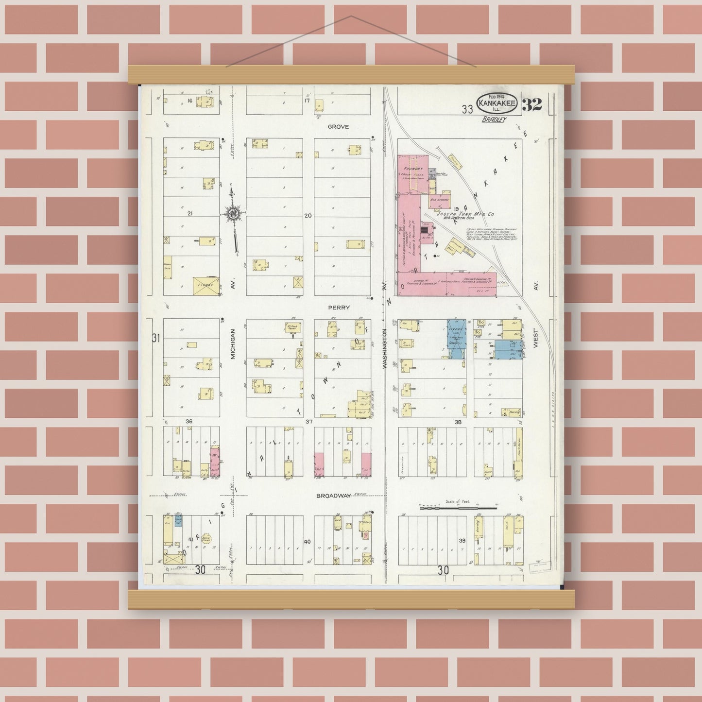 Old map wall art mockup — magnetic wood frame on brick wall — Sanborn Fire Insurance Map from Kankakee, Kankakee County, Illinois (1914), Sheet #0032