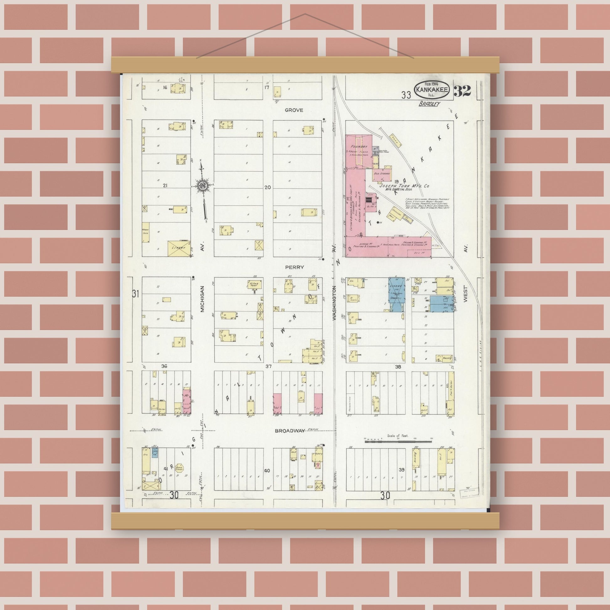 Old map wall art mockup — magnetic wood frame on brick wall — Sanborn Fire Insurance Map from Kankakee, Kankakee County, Illinois (1914), Sheet #0032
