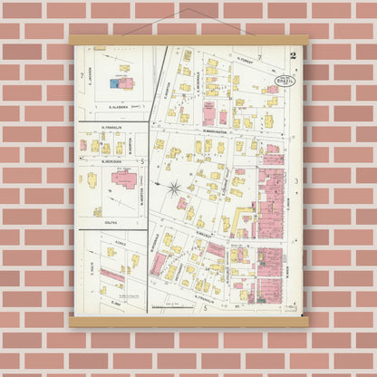 Old map wall art mockup — magnetic wood frame on brick wall — Sanborn Fire Insurance Map from Brazil, Clay County, Indiana (1902), Sheet #0002