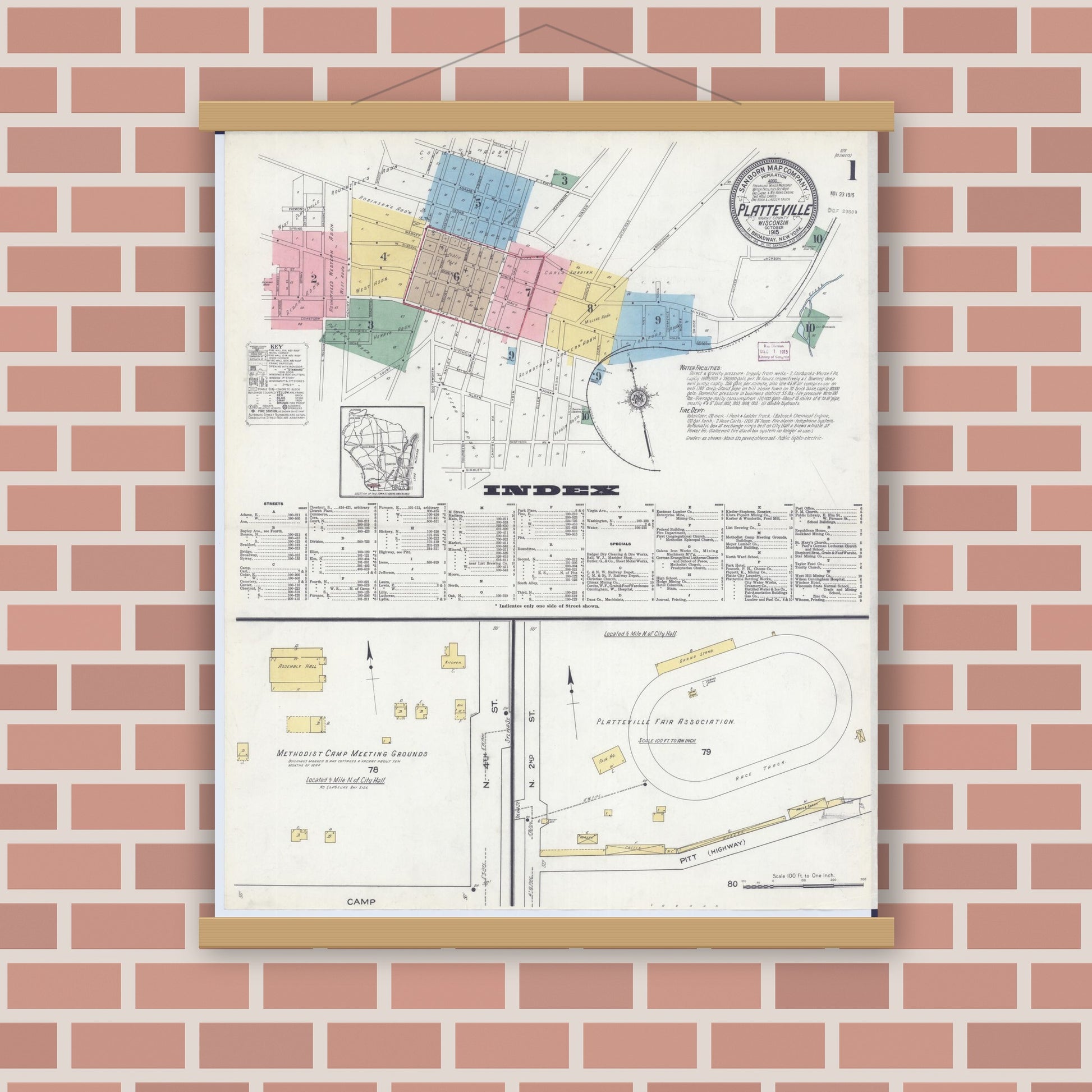 Old map wall art mockup — magnetic wood frame on brick wall — Sanborn Fire Insurance Map from Platteville, Grant County, Wisconsin (1915) - Complete Map Set