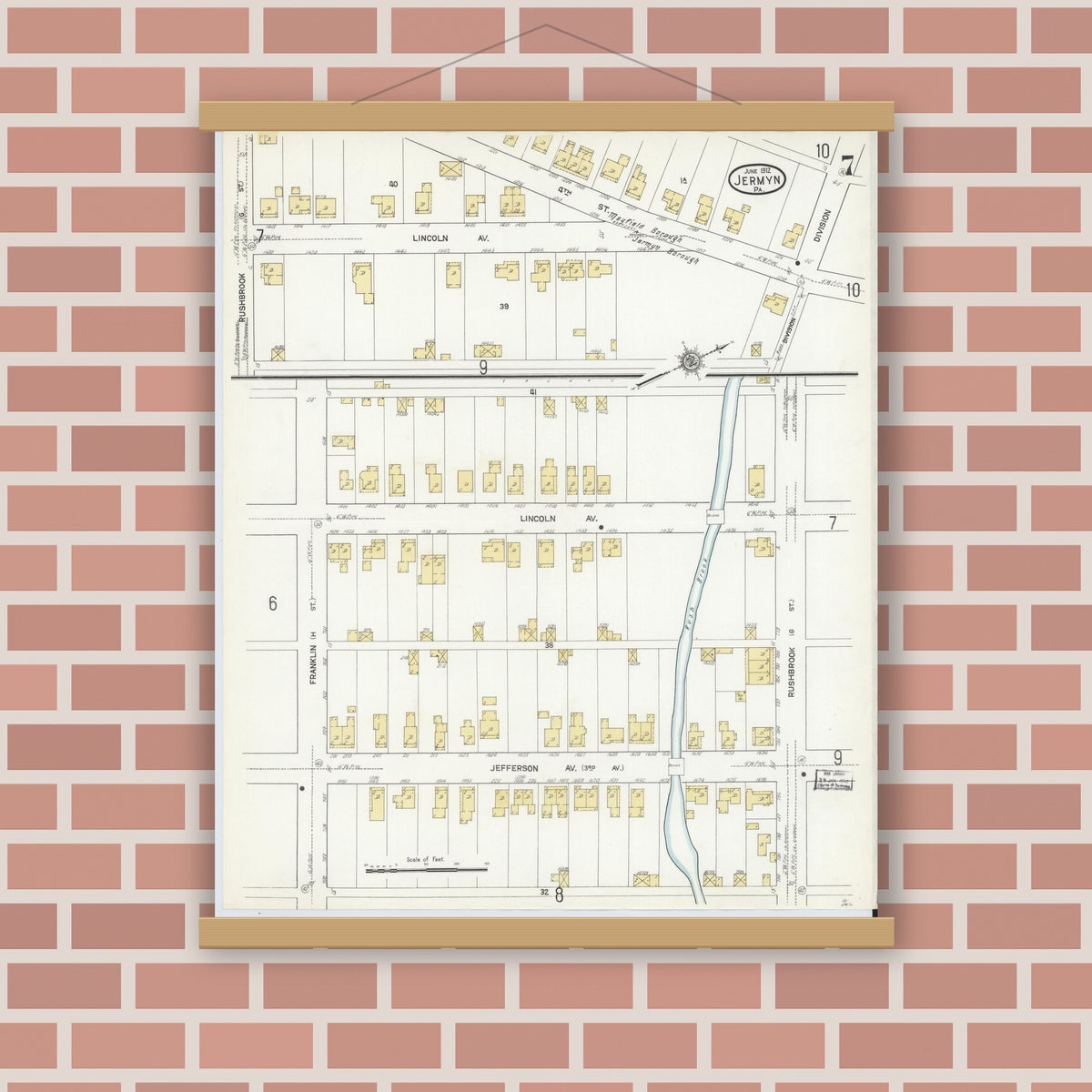 Old map wall art mockup — magnetic wood frame on brick wall — Sanborn Fire Insurance Map from Jermyn, Lackawanna County, Pennsylvania (1912), Sheet #0007