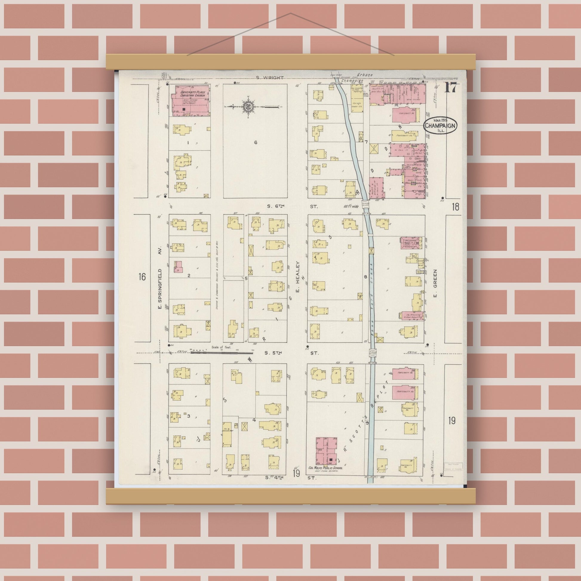 Old map wall art mockup — magnetic wood frame on brick wall — Sanborn Fire Insurance Map from Champaign, Champaign County, Illinois (1915), Sheet #0017