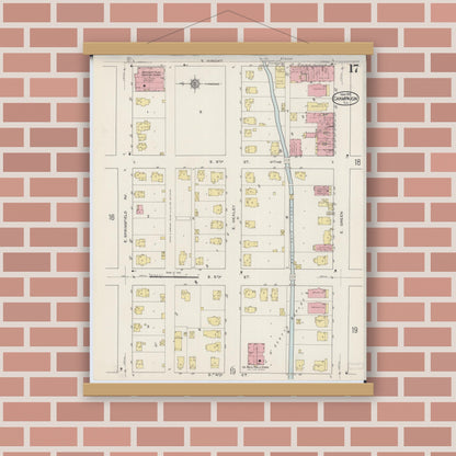 Old map wall art mockup — magnetic wood frame on brick wall — Sanborn Fire Insurance Map from Champaign, Champaign County, Illinois (1915), Sheet #0017