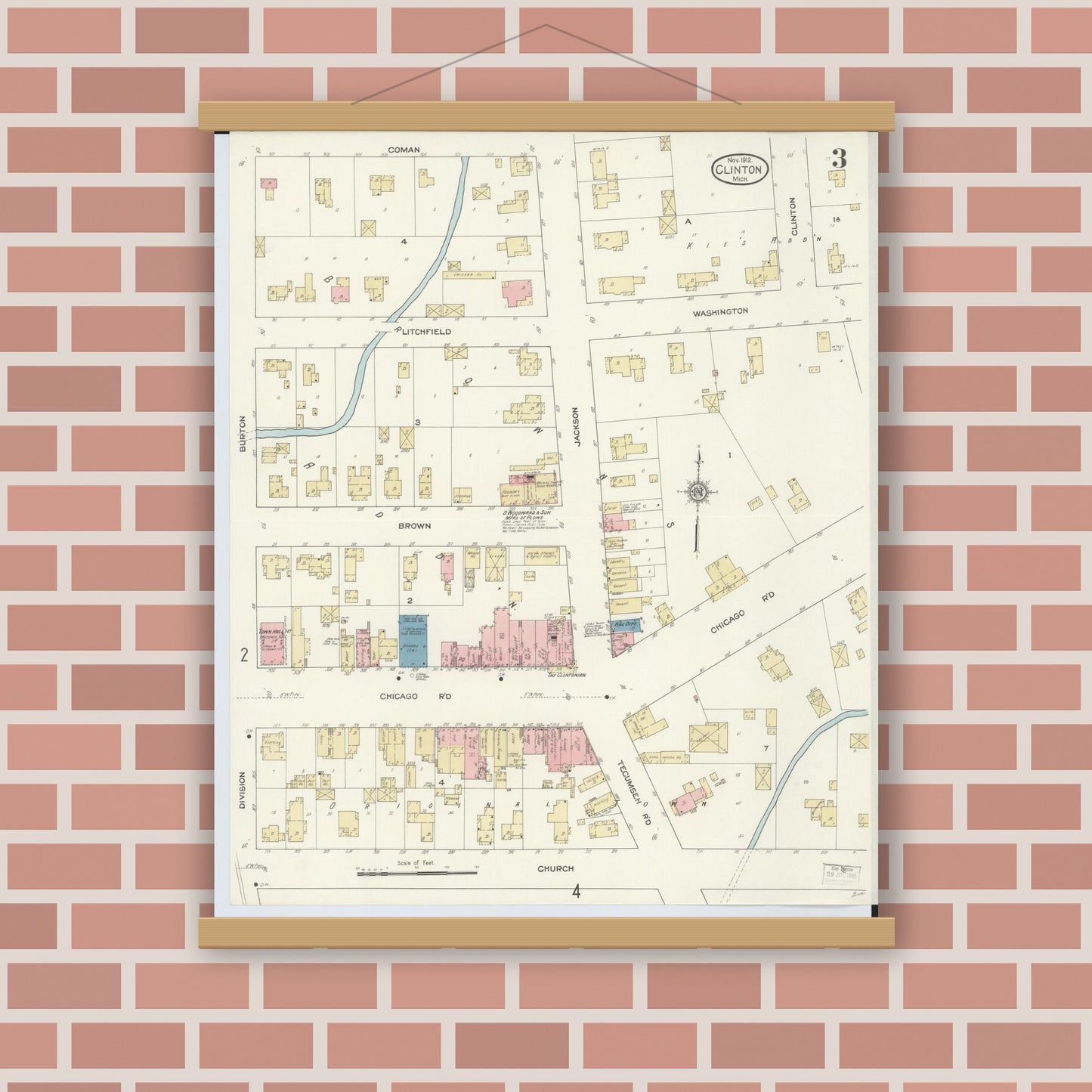 Old map wall art mockup — magnetic wood frame on brick wall — Sanborn Fire Insurance Map from Clinton, Lenawee County, Michigan (1912), Sheet #0003