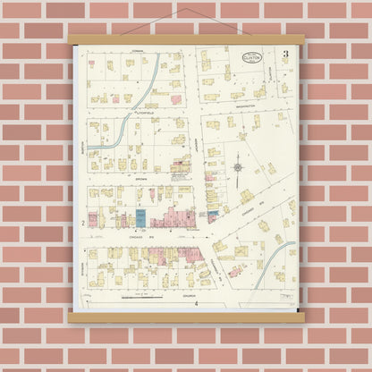Old map wall art mockup — magnetic wood frame on brick wall — Sanborn Fire Insurance Map from Clinton, Lenawee County, Michigan (1912), Sheet #0003