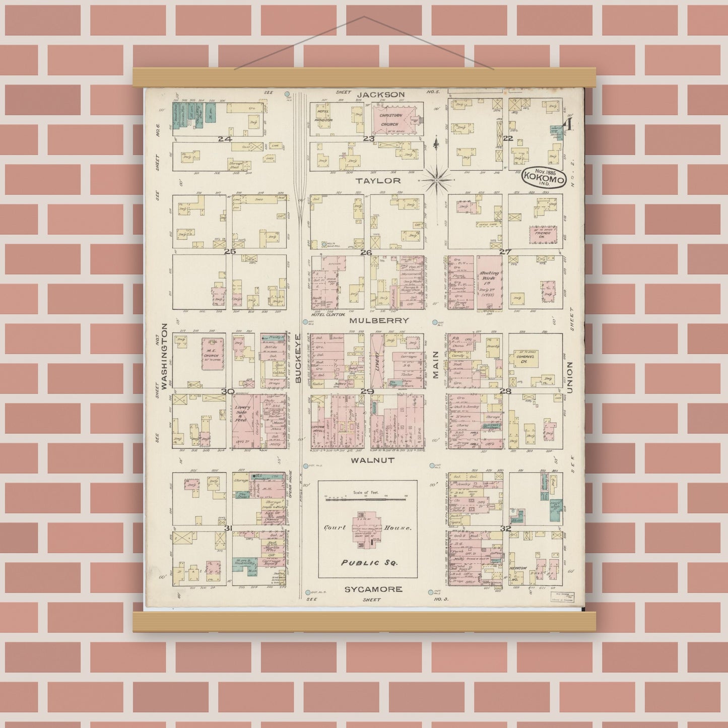 Old map wall art mockup — magnetic wood frame on brick wall — Sanborn Fire Insurance Map from Kokomo, Howard County, Indiana (1885), Sheet #0004