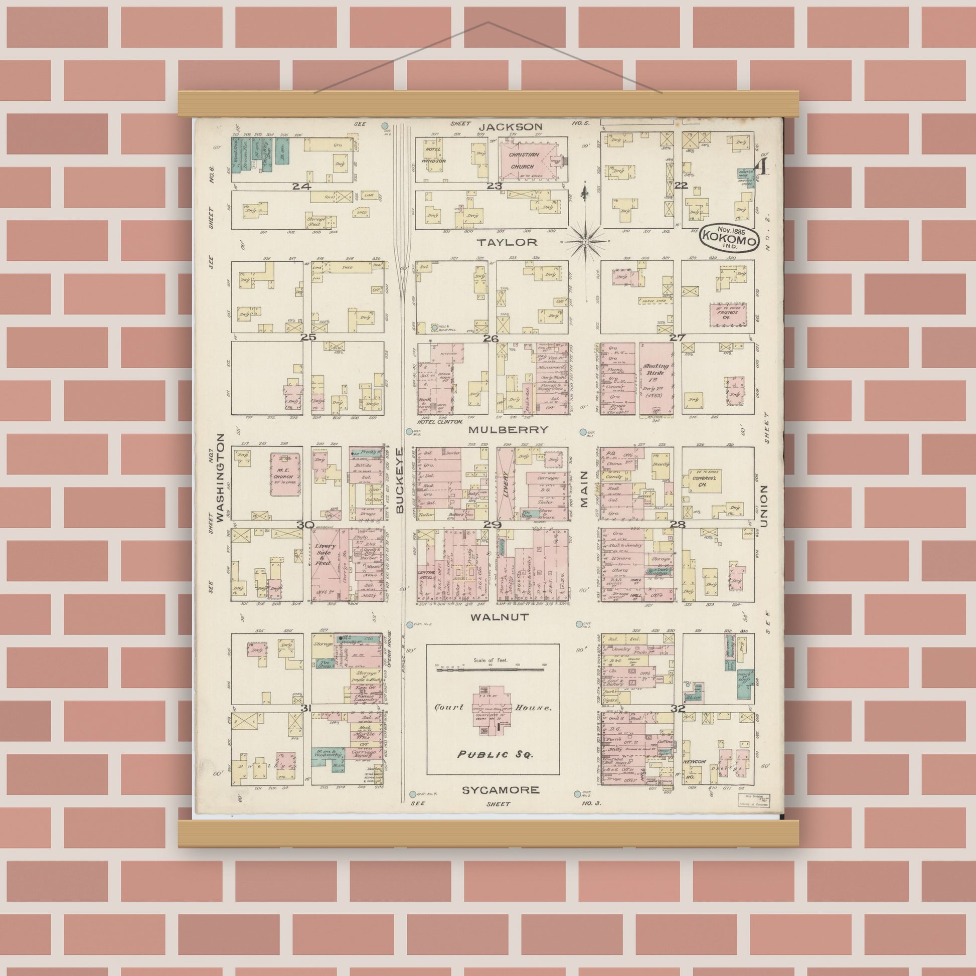 Old map wall art mockup — magnetic wood frame on brick wall — Sanborn Fire Insurance Map from Kokomo, Howard County, Indiana (1885), Sheet #0004