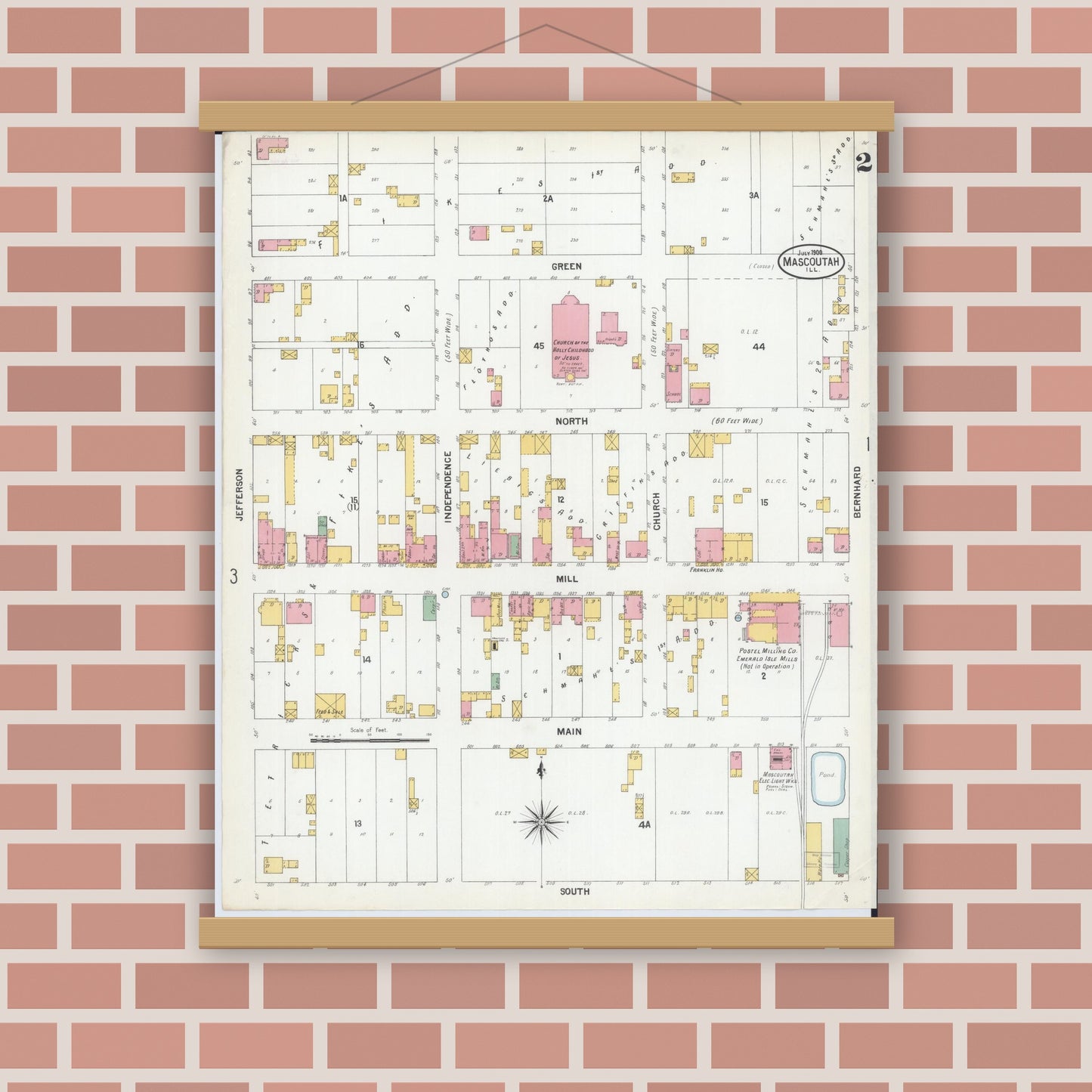 Old map wall art mockup — magnetic wood frame on brick wall — Sanborn Fire Insurance Map from Mascoutah, Saint Clair County, Illinois (1900), Sheet #0002