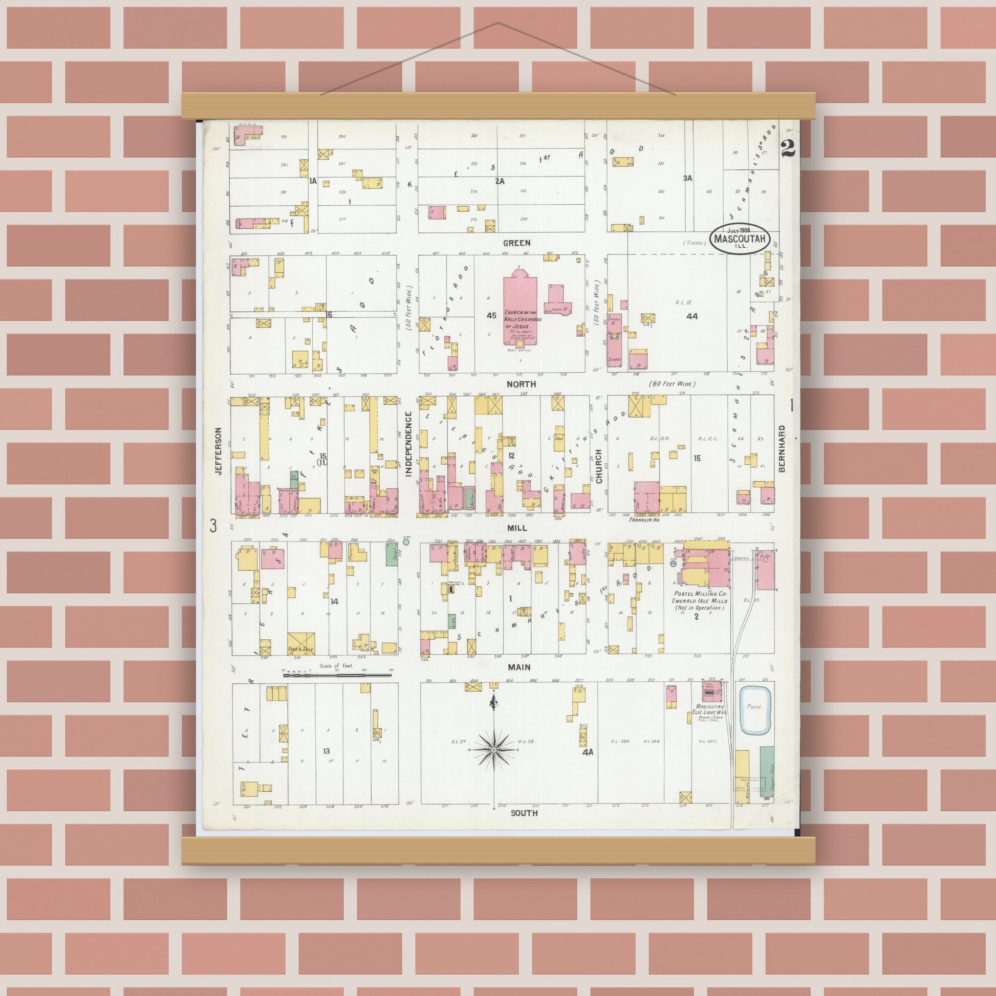 Old map wall art mockup — magnetic wood frame on brick wall — Sanborn Fire Insurance Map from Mascoutah, Saint Clair County, Illinois (1900), Sheet #0002