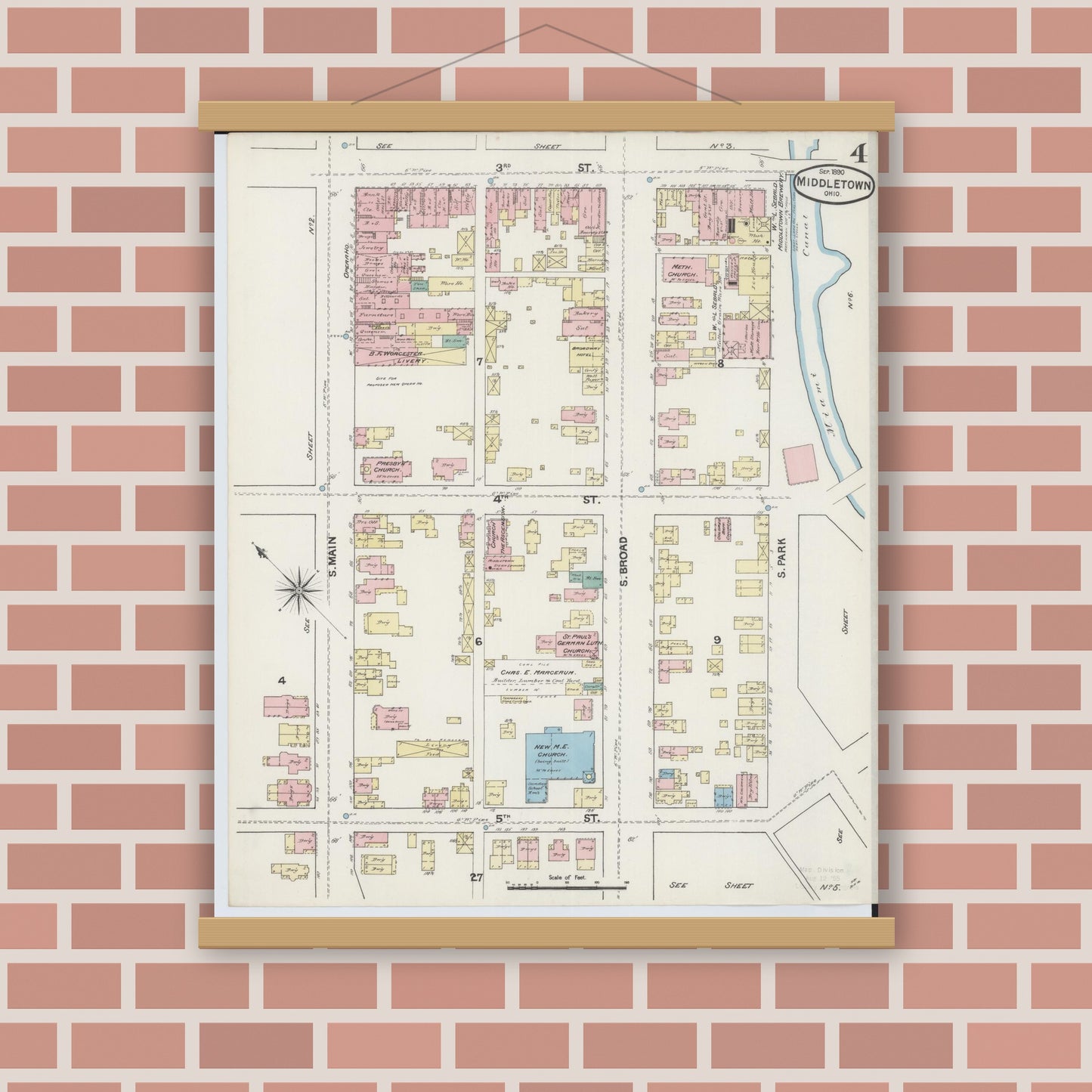 Old map wall art mockup — magnetic wood frame on brick wall — Sanborn Fire Insurance Map from Middletown, Butler County, Ohio (1890), Sheet #0004