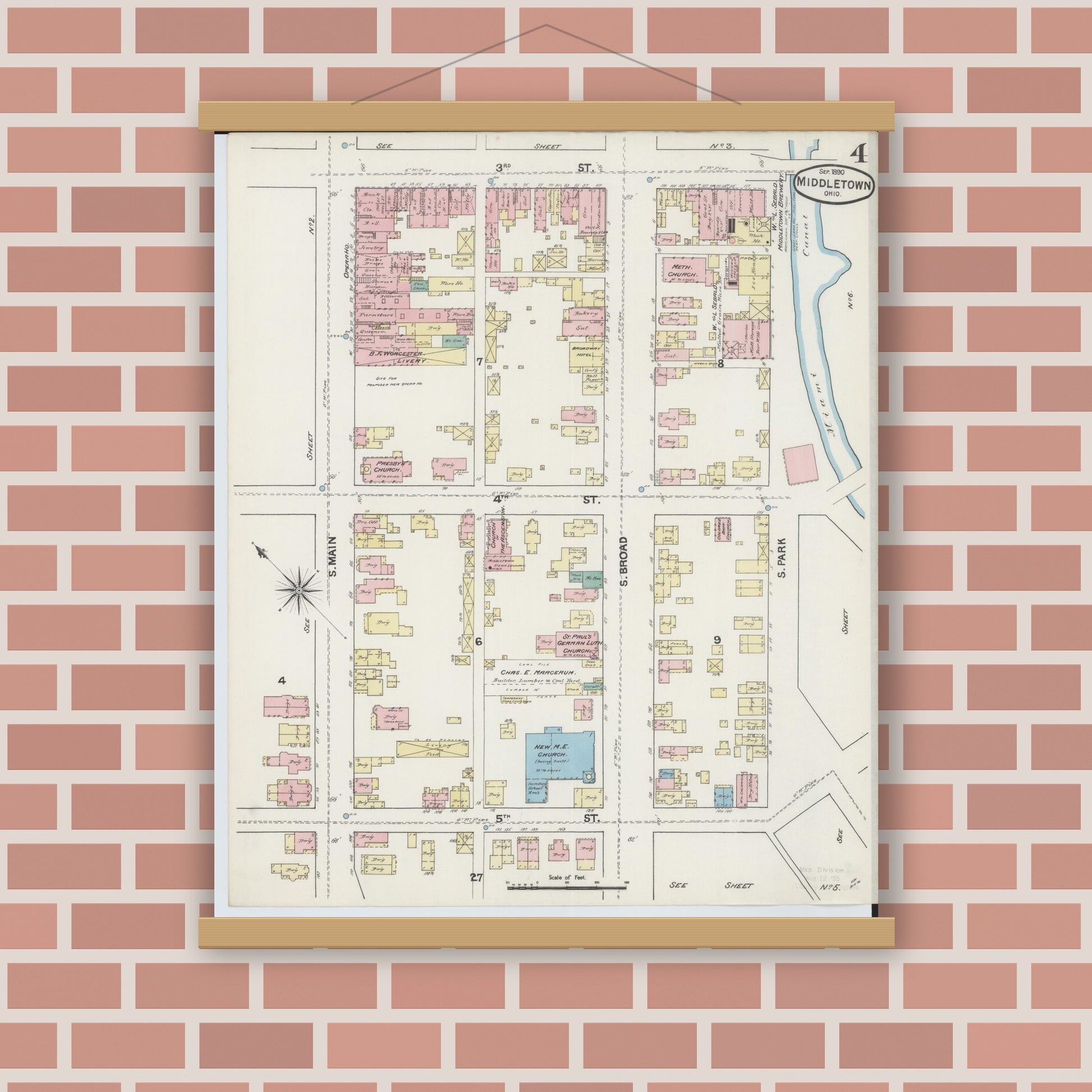 Old map wall art mockup — magnetic wood frame on brick wall — Sanborn Fire Insurance Map from Middletown, Butler County, Ohio (1890), Sheet #0004