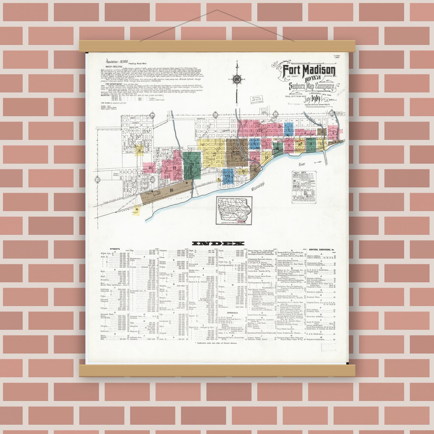 Old map wall art mockup — magnetic wood frame on brick wall — Sanborn Fire Insurance Map from Fort Madison, Lee County, Iowa (1919) â€” Complete Set