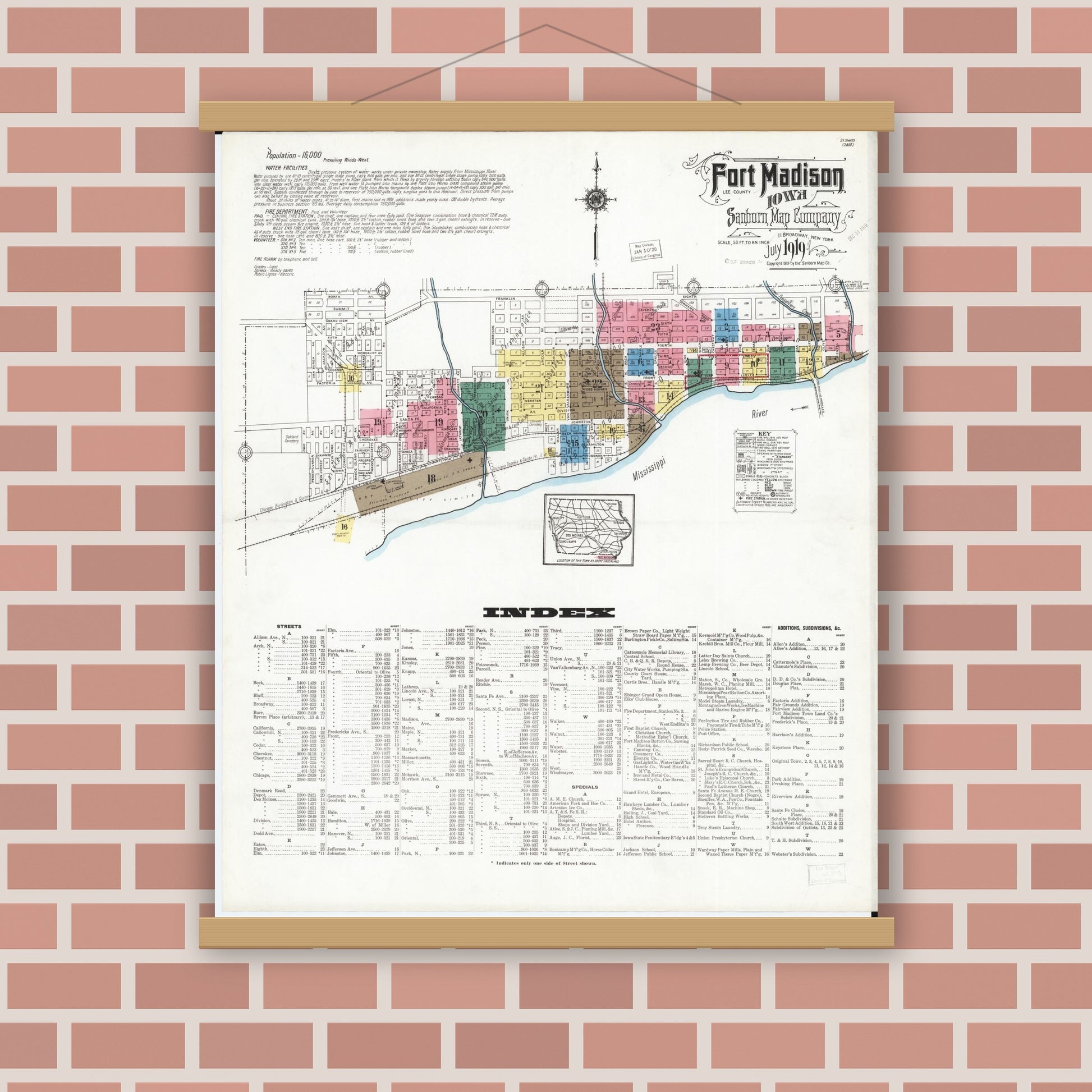 Old map wall art mockup — magnetic wood frame on brick wall — Sanborn Fire Insurance Map from Fort Madison, Lee County, Iowa (1919) â€” Complete Set