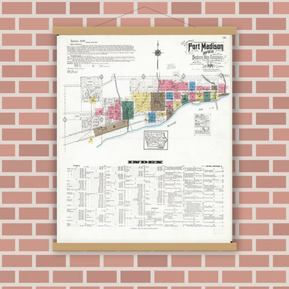 Old map wall art mockup — magnetic wood frame on brick wall — Sanborn Fire Insurance Map from Fort Madison, Lee County, Iowa (1919) â€” Complete Set