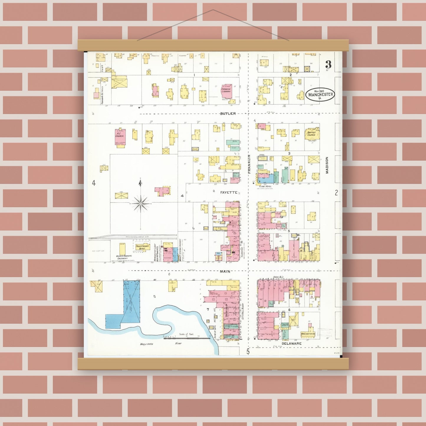 Old map wall art mockup — magnetic wood frame on brick wall — Sanborn Fire Insurance Map from Manchester, Delaware County, Iowa (1905), Sheet #0003