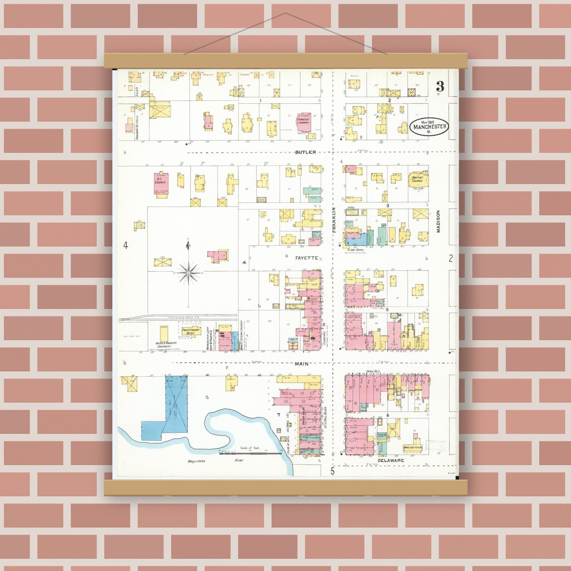 Old map wall art mockup — magnetic wood frame on brick wall — Sanborn Fire Insurance Map from Manchester, Delaware County, Iowa (1905), Sheet #0003