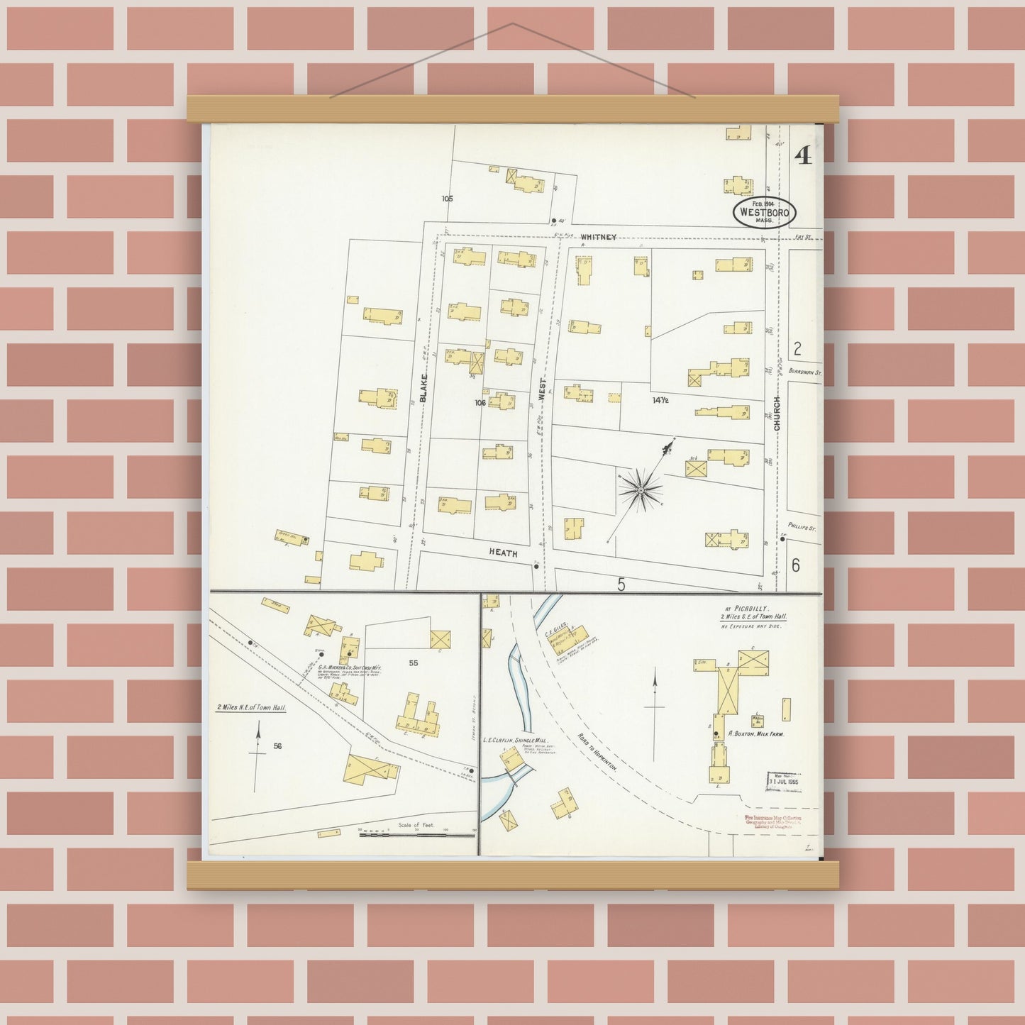 Old map wall art mockup — magnetic wood frame on brick wall — Sanborn Fire Insurance Map from Westboro, Worcester County, Massachusetts (1904), Sheet #0004