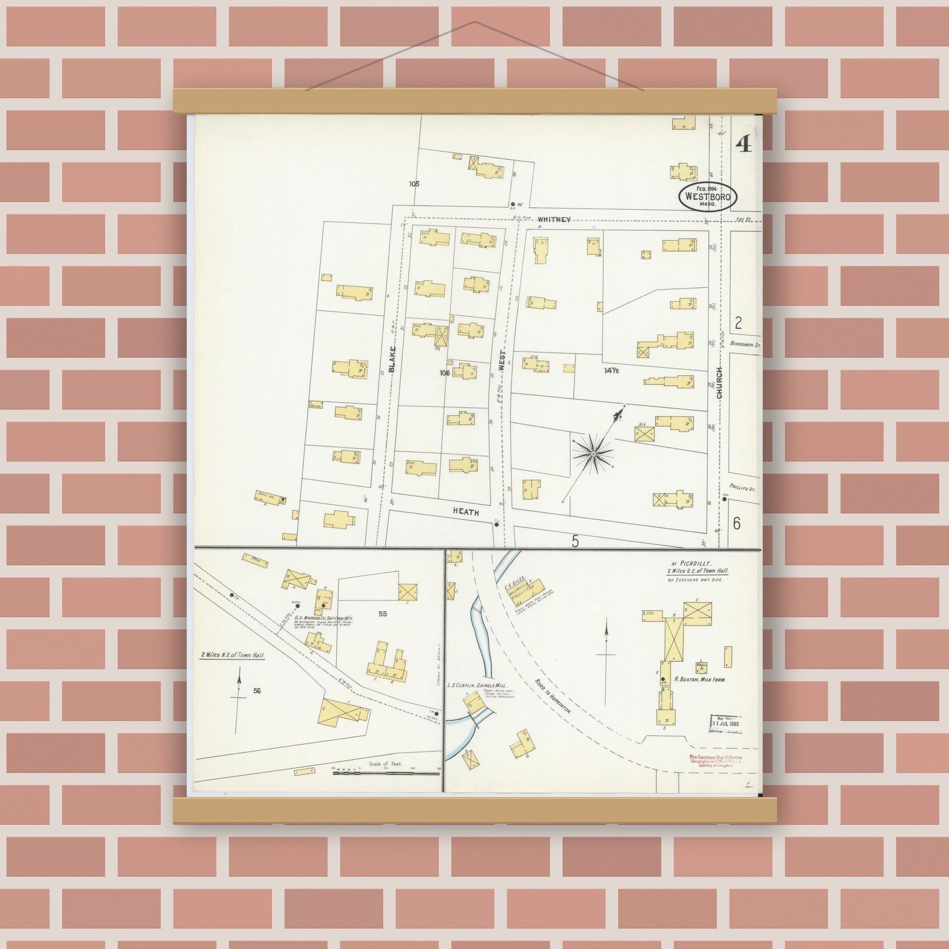 Old map wall art mockup — magnetic wood frame on brick wall — Sanborn Fire Insurance Map from Westboro, Worcester County, Massachusetts (1904), Sheet #0004