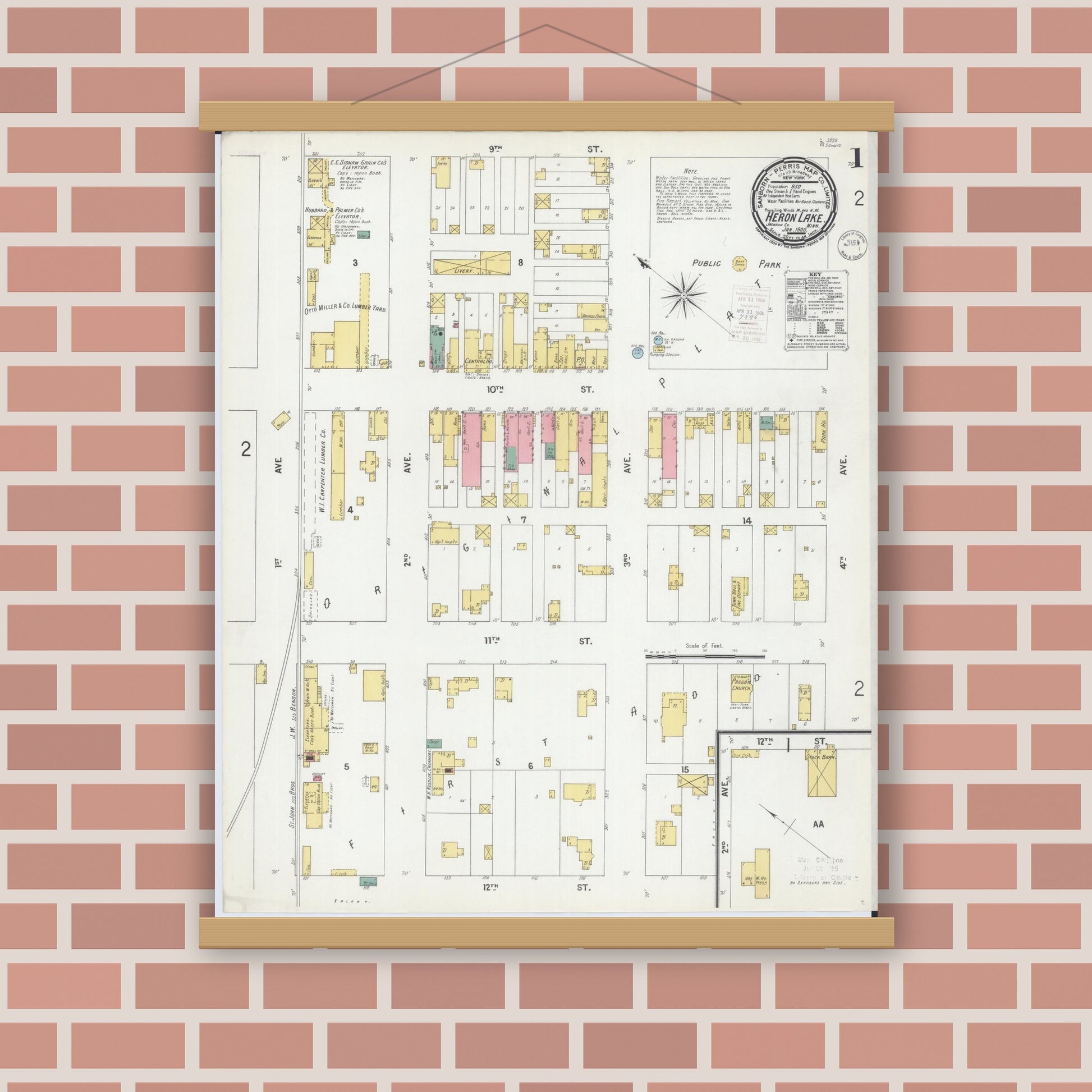 Old map wall art mockup — magnetic wood frame on brick wall — Sanborn Fire Insurance Map from Heron Lake, Jackson County, Minnesota (1900), Sheet #0001