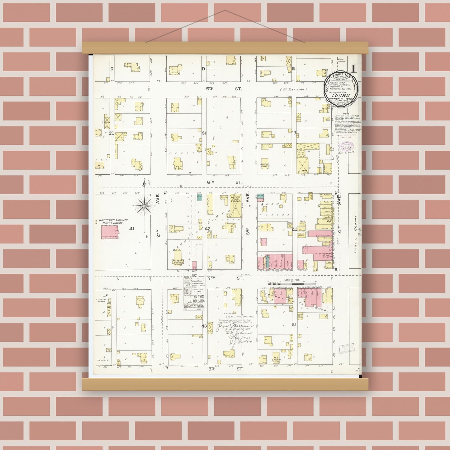 Old map wall art mockup — magnetic wood frame on brick wall — Sanborn Fire Insurance Map from Logan, Harrison County, Iowa (1893) â€” Complete Set