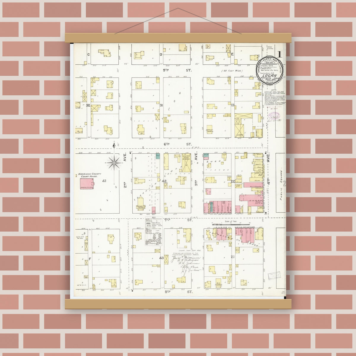 Old map wall art mockup — magnetic wood frame on brick wall — Sanborn Fire Insurance Map from Logan, Harrison County, Iowa (1893) â€” Complete Set