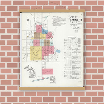 Old map wall art mockup — magnetic wood frame on brick wall — Sanborn Fire Insurance Map from Charlotte, Eaton County, Michigan (1918) - Complete Map Set