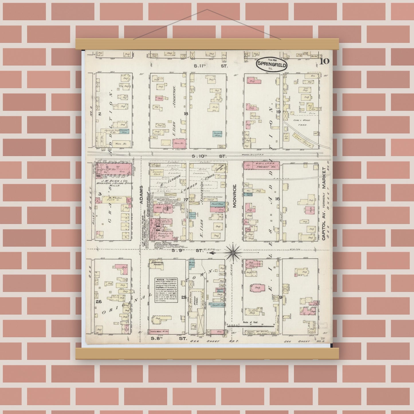 Old map wall art mockup — magnetic wood frame on brick wall — Sanborn Fire Insurance Map from Springfield, Sangamon County, Illinois (1884), Sheet #0010