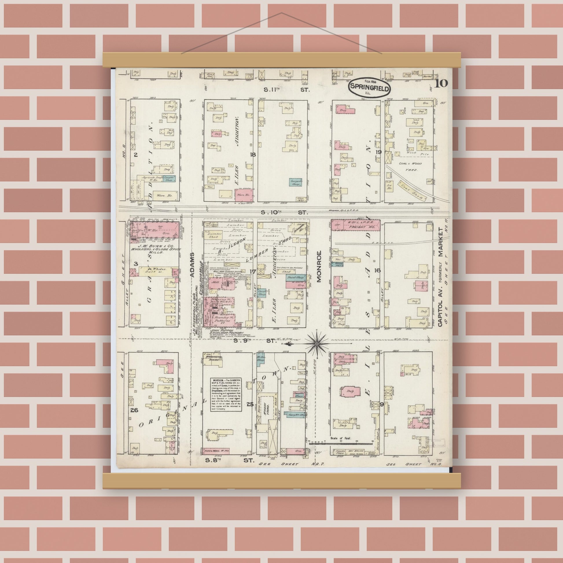 Old map wall art mockup — magnetic wood frame on brick wall — Sanborn Fire Insurance Map from Springfield, Sangamon County, Illinois (1884), Sheet #0010