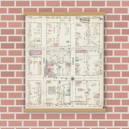 Old map wall art mockup — magnetic wood frame on brick wall — Sanborn Fire Insurance Map from Springfield, Sangamon County, Illinois (1884), Sheet #0010