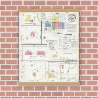 Old map wall art mockup — magnetic wood frame on brick wall — Sanborn Fire Insurance Map from Perham, Otter Tail County, Minnesota (1916), Sheet #0001
