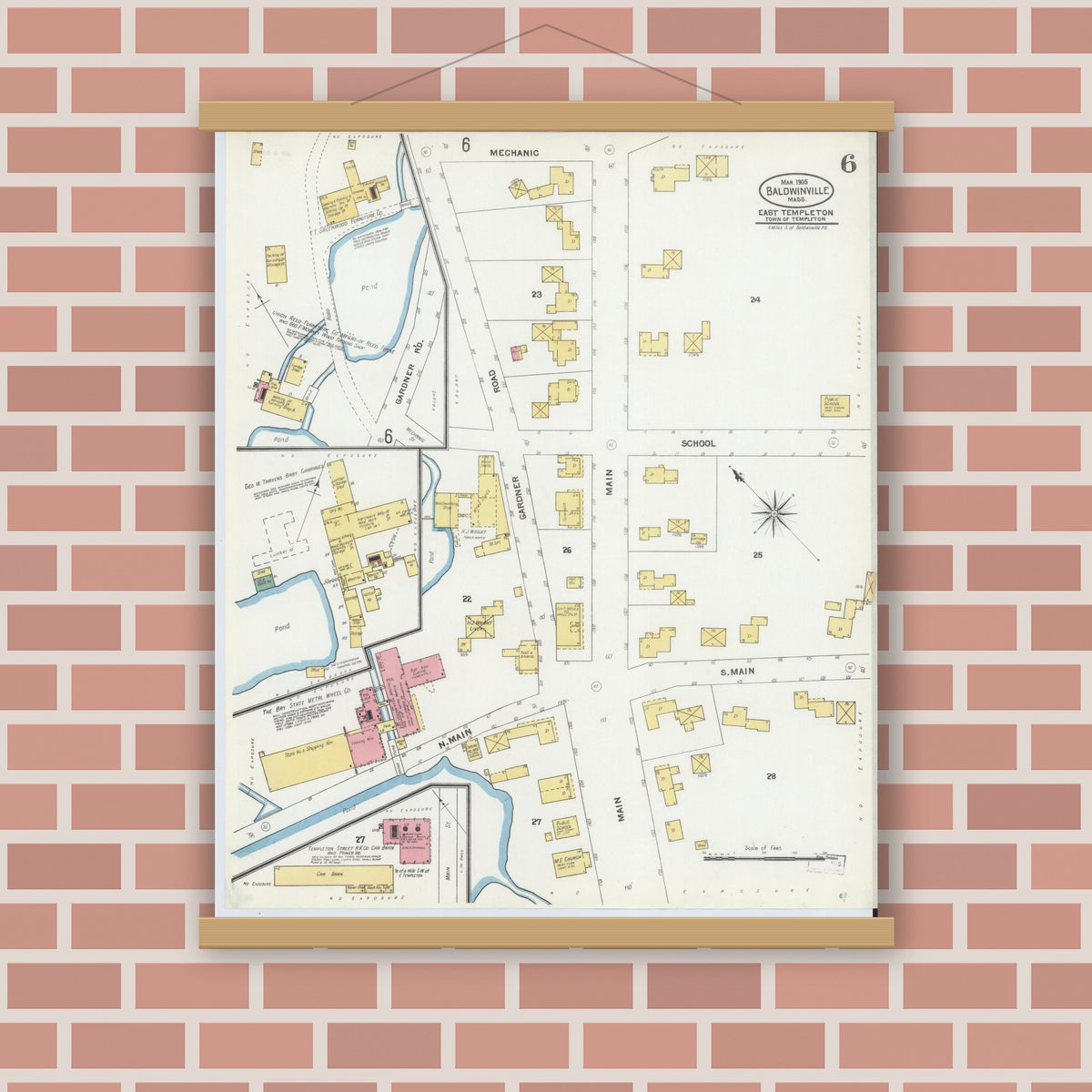 Old map wall art mockup — magnetic wood frame on brick wall — Sanborn Fire Insurance Map from Baldwinville, Worcester County, Massachusetts (1905), Sheet #0006