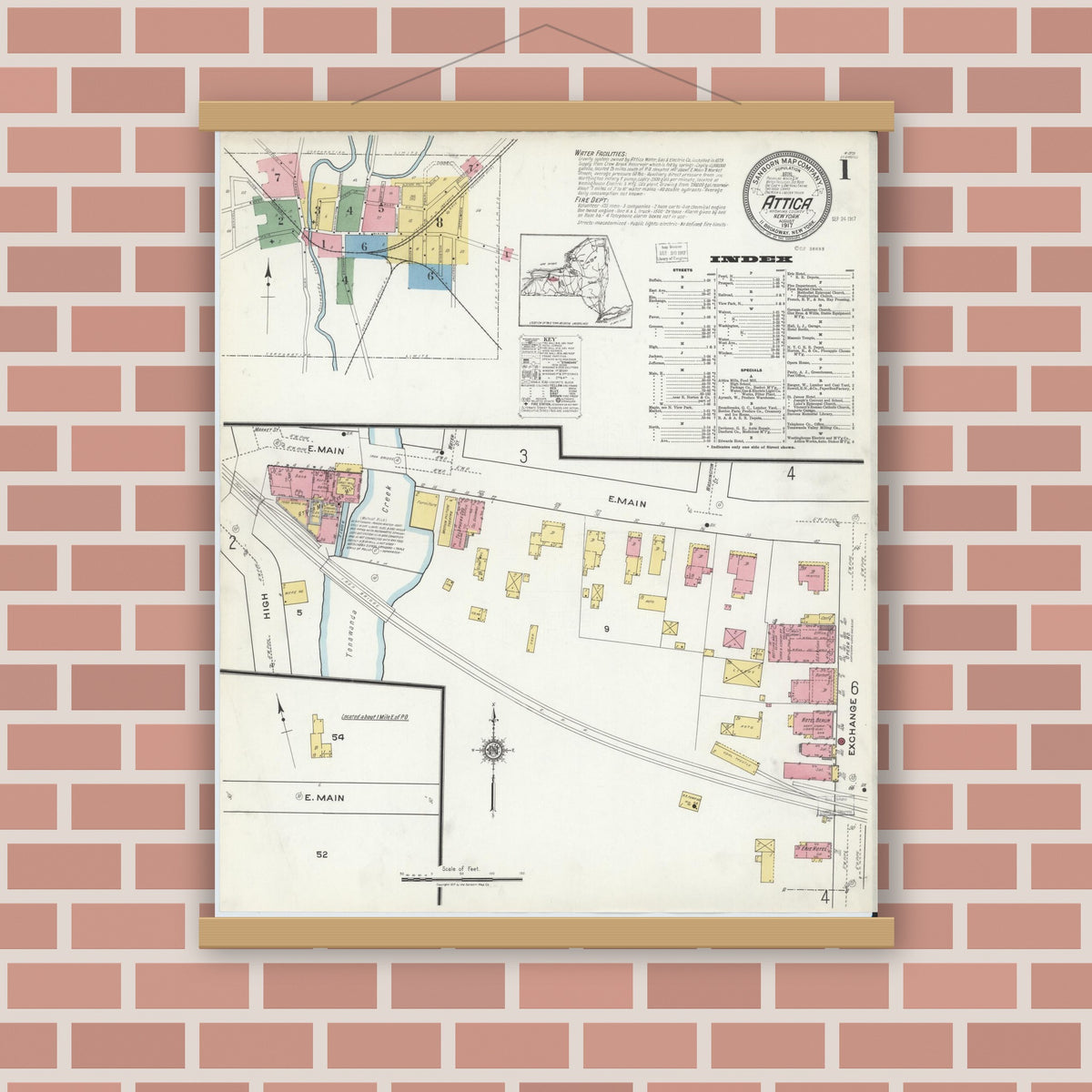 Old map wall art mockup — magnetic wood frame on brick wall — Sanborn Fire Insurance Map from Attica, Wyoming County, New York (1917), Sheet #0001