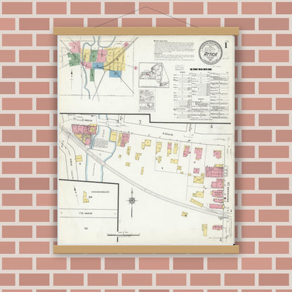 Old map wall art mockup — magnetic wood frame on brick wall — Sanborn Fire Insurance Map from Attica, Wyoming County, New York (1917), Sheet #0001