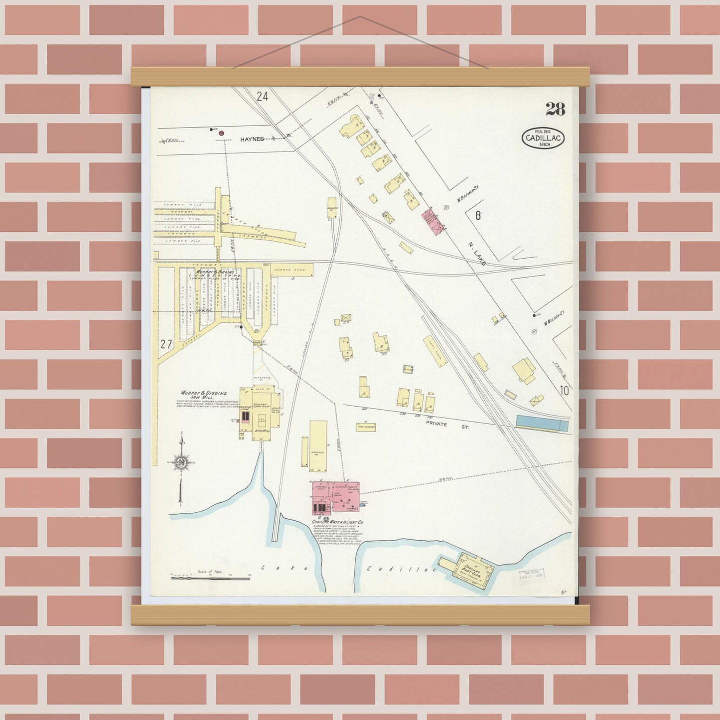 Old map wall art mockup — magnetic wood frame on brick wall — Sanborn Fire Insurance Map from Cadillac, Wexford County, Michigan (1914), Sheet #0028