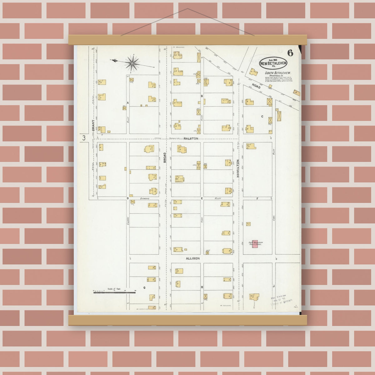 Old map wall art mockup — magnetic wood frame on brick wall — Sanborn Fire Insurance Map from New Bethlehem, Clarion County, Pennsylvania (1904), Sheet #0006