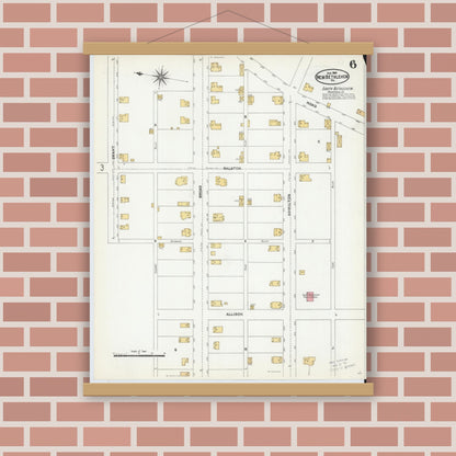 Old map wall art mockup — magnetic wood frame on brick wall — Sanborn Fire Insurance Map from New Bethlehem, Clarion County, Pennsylvania (1904), Sheet #0006