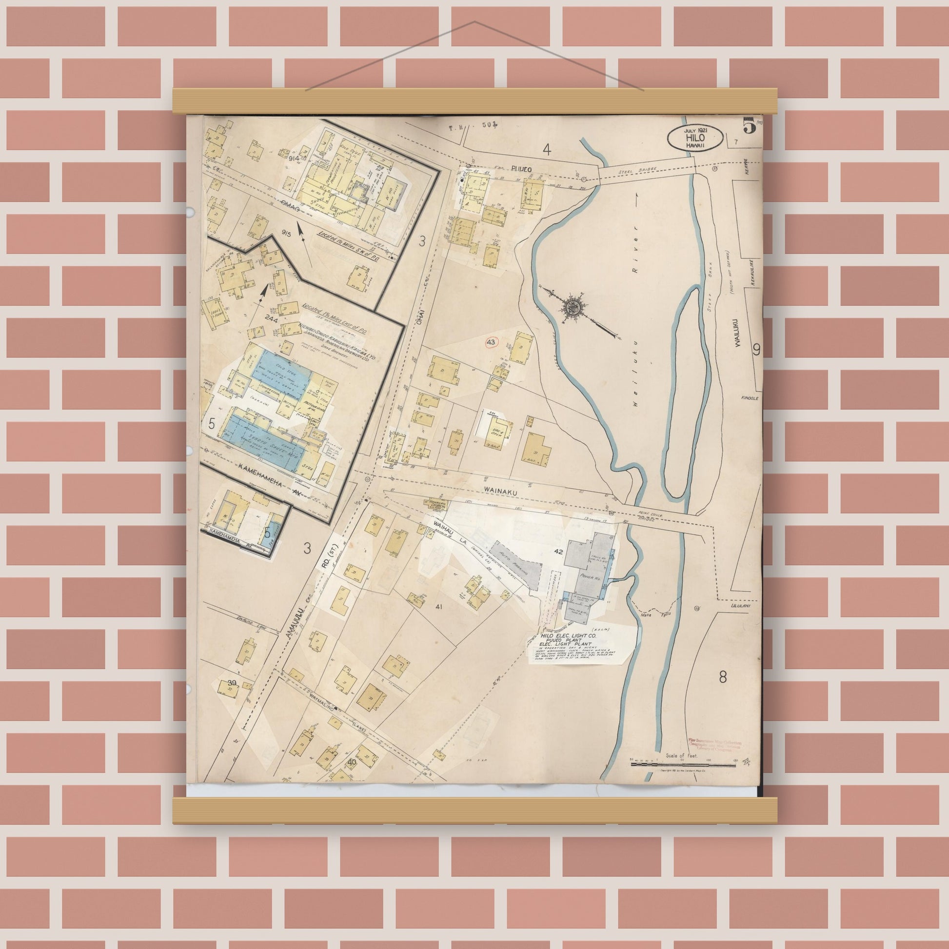 Old map wall art mockup — magnetic wood frame on brick wall — Sanborn Fire Insurance Map from Hilo, Hawaii County, Hawaii (1957), Sheet #0005
