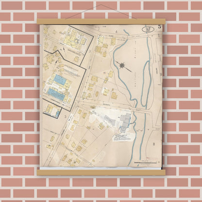 Old map wall art mockup — magnetic wood frame on brick wall — Sanborn Fire Insurance Map from Hilo, Hawaii County, Hawaii (1957), Sheet #0005