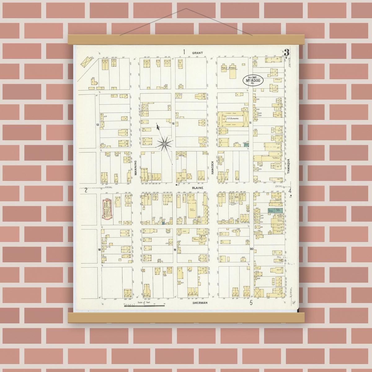 Old map wall art mockup — magnetic wood frame on brick wall — Sanborn Fire Insurance Map from McAdoo, Schuylkill County, Pennsylvania (1907), Sheet #0003