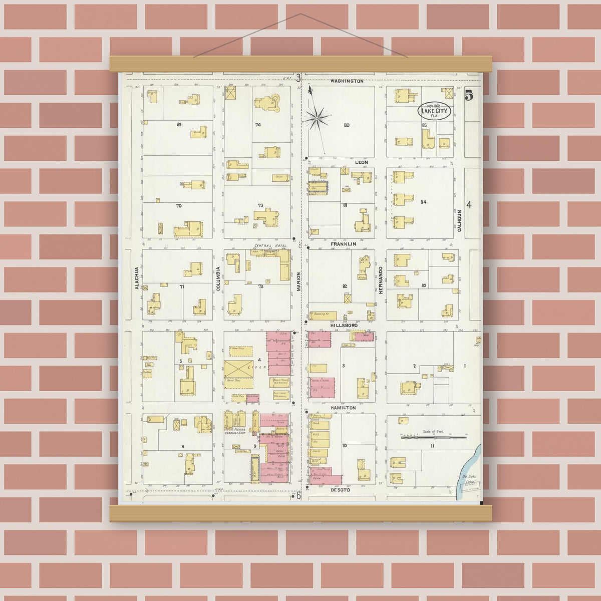 Old map wall art mockup — magnetic wood frame on brick wall — Sanborn Fire Insurance Map from Lake City, Columbia County, Florida (1902), Sheet #0005