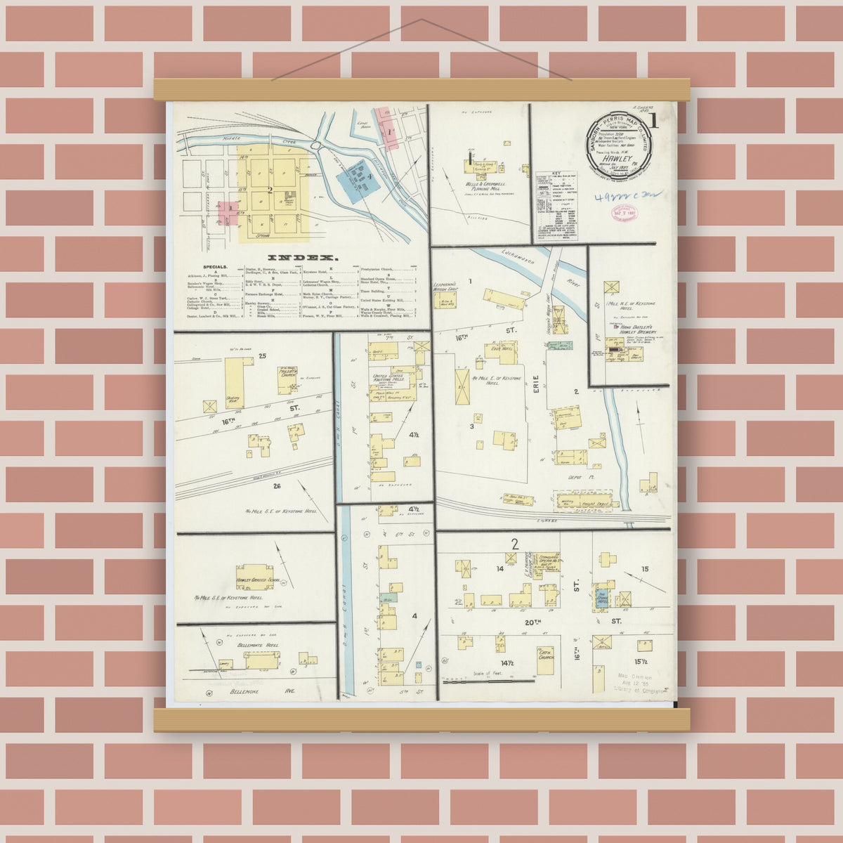 Old map wall art mockup — magnetic wood frame on brick wall — Sanborn Fire Insurance Map from Hawley, Wayne County, Pennsylvania (1897) - Complete Map Set