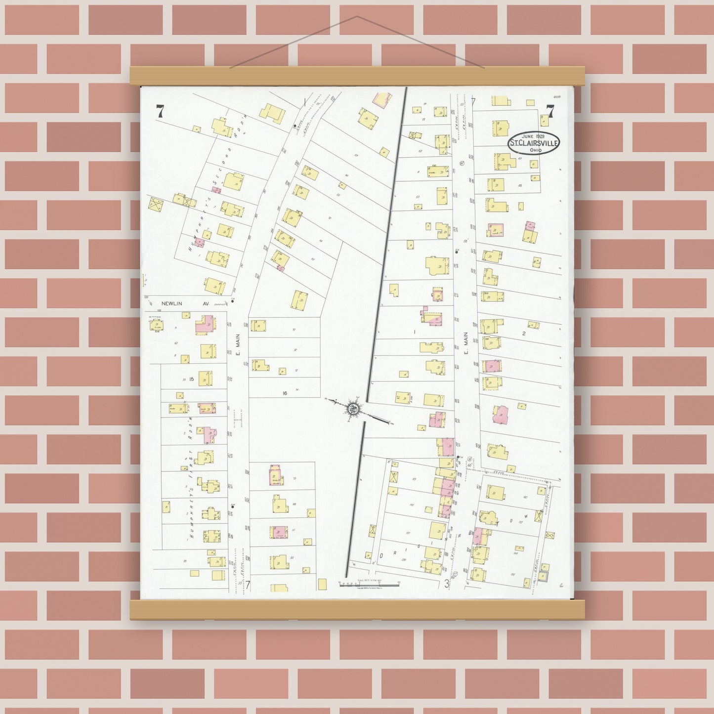 Old map wall art mockup — magnetic wood frame on brick wall — Sanborn Fire Insurance Map from Saint Clairsville, Belmont County, Ohio (1929), Sheet #0007