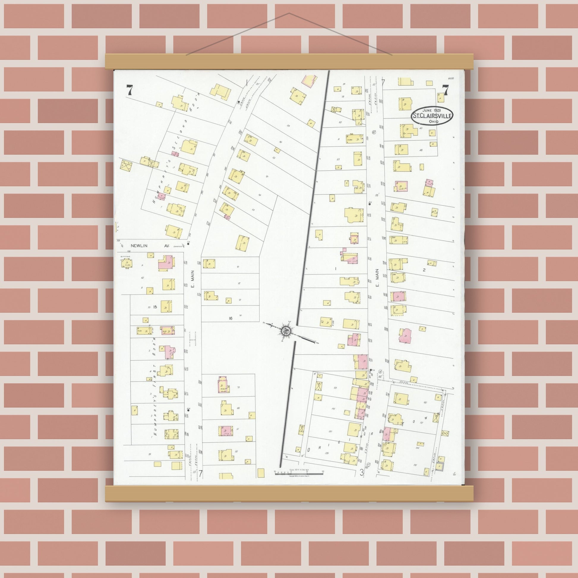Old map wall art mockup — magnetic wood frame on brick wall — Sanborn Fire Insurance Map from Saint Clairsville, Belmont County, Ohio (1929), Sheet #0007