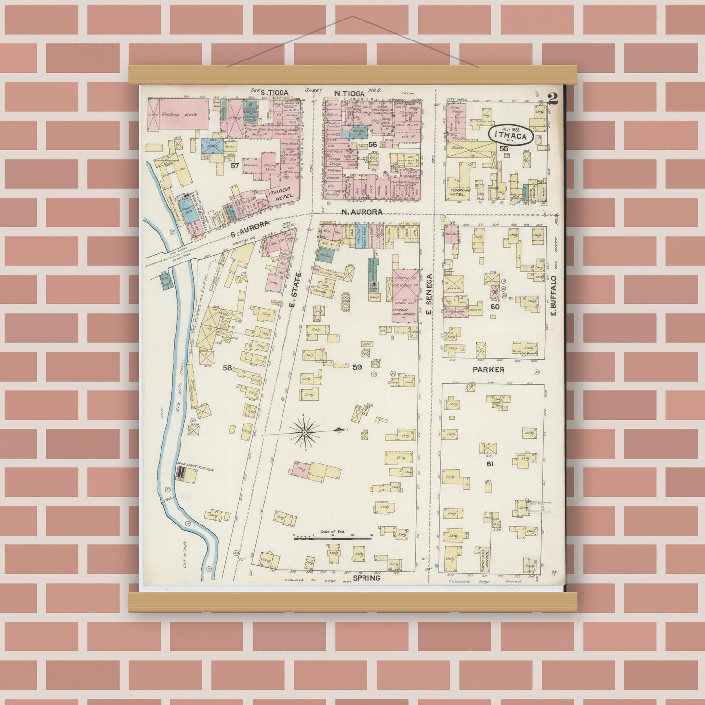 Old map wall art mockup — magnetic wood frame on brick wall — Sanborn Fire Insurance Map from Ithaca, Tompkins County, New York (1888), Sheet #0002