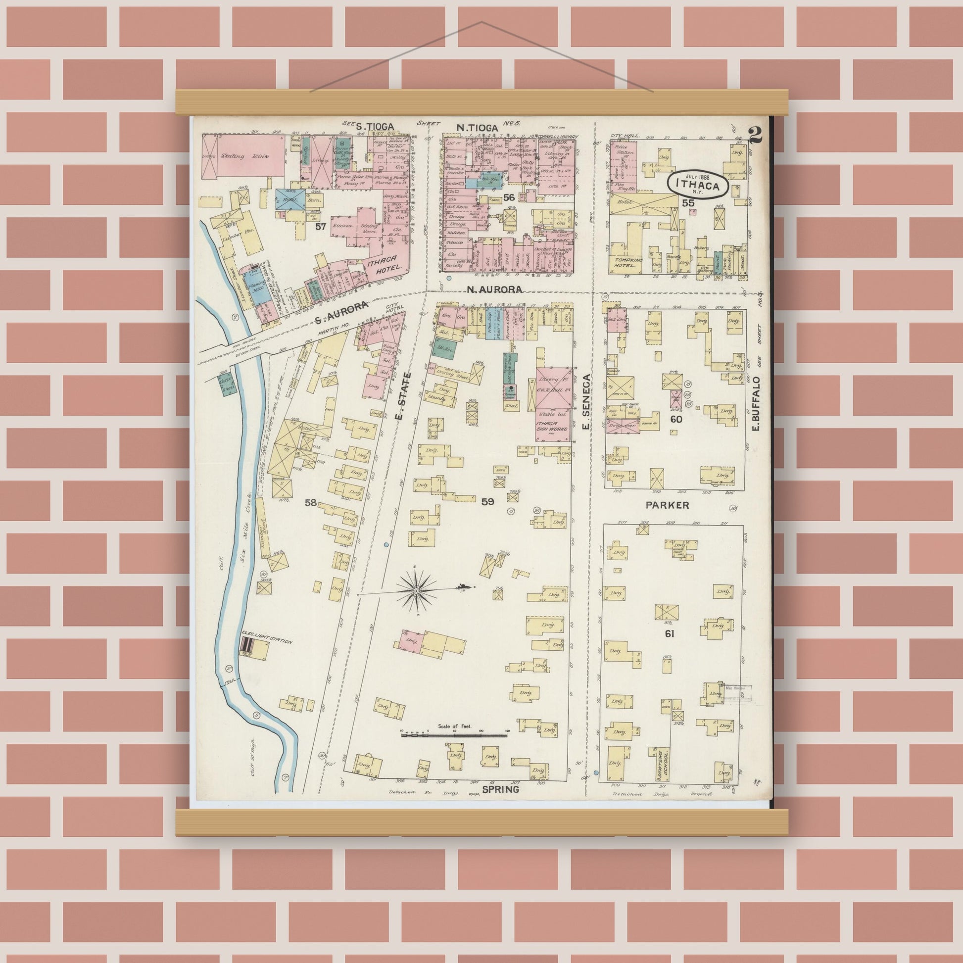 Old map wall art mockup — magnetic wood frame on brick wall — Sanborn Fire Insurance Map from Ithaca, Tompkins County, New York (1888), Sheet #0002