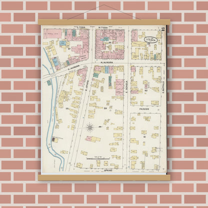 Old map wall art mockup — magnetic wood frame on brick wall — Sanborn Fire Insurance Map from Ithaca, Tompkins County, New York (1888), Sheet #0002