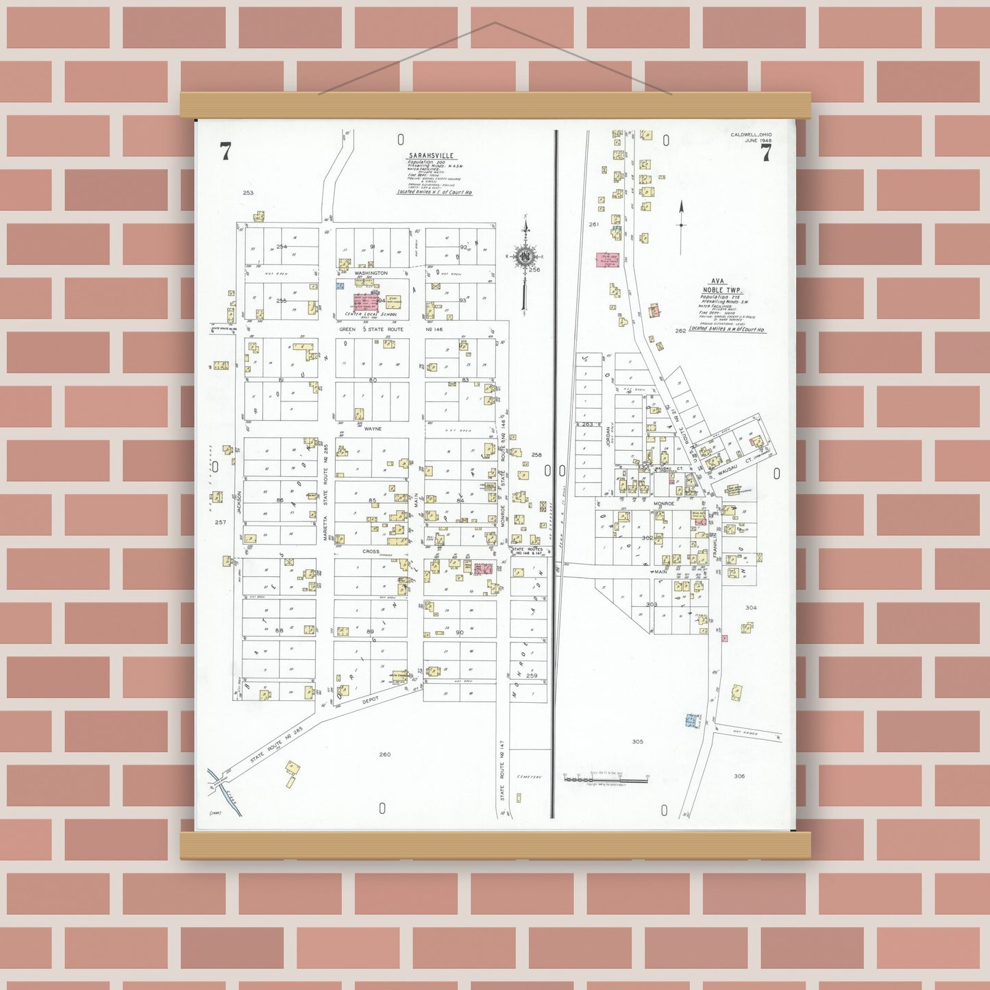 Old map wall art mockup — magnetic wood frame on brick wall — Sanborn Fire Insurance Map from Caldwell, Noble County, Ohio (1948), Sheet #0007