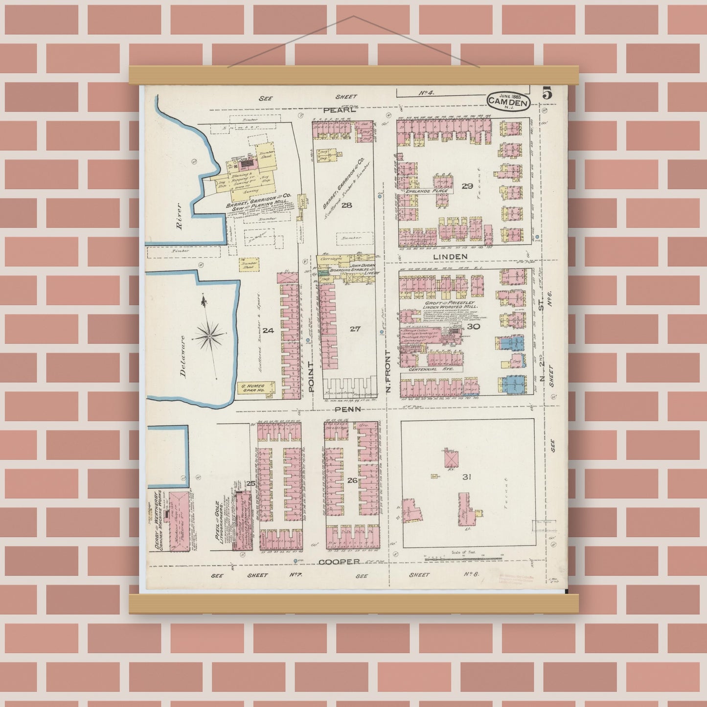 Old map wall art mockup — magnetic wood frame on brick wall — Sanborn Fire Insurance Map from Camden, Camden County, New Jersey (1885), Sheet #0005